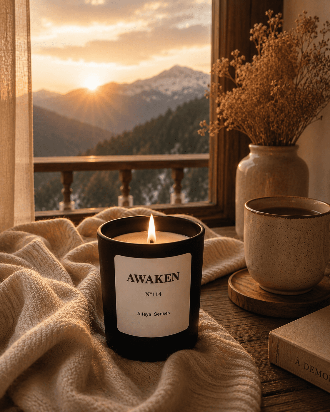 A candle and a book on a soft blanket