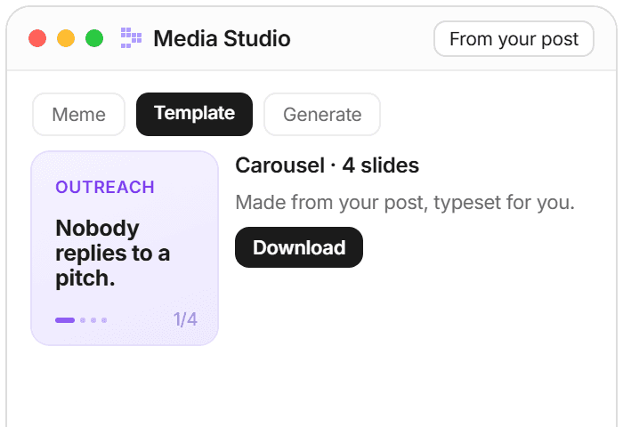 Media Studio on a phone: a carousel made from your post, ready to download