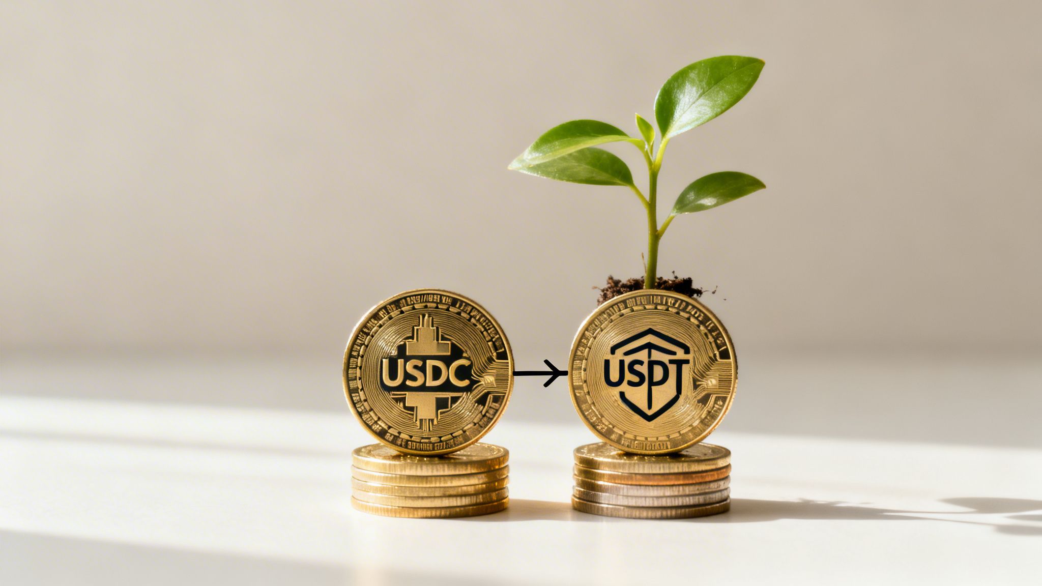 Gold crypto coins, USDC converting to USDT, with a green plant growing, symbolizing financial growth.