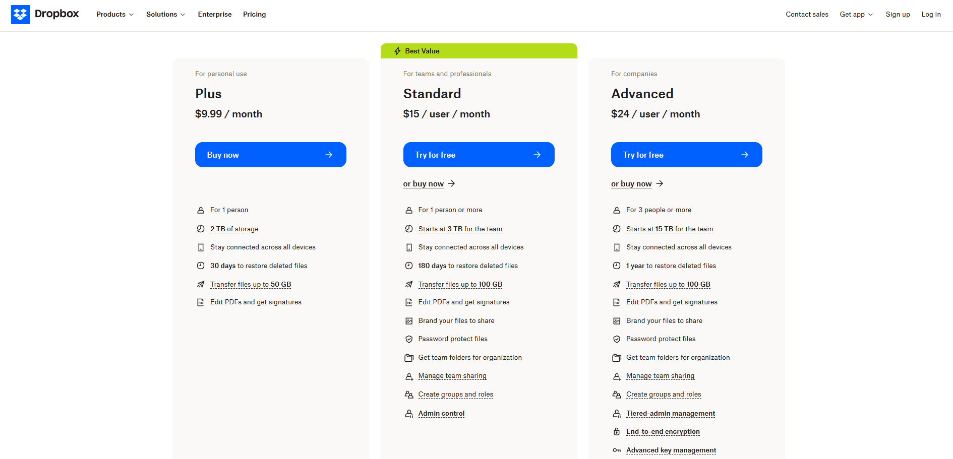 Dropbox pricing page