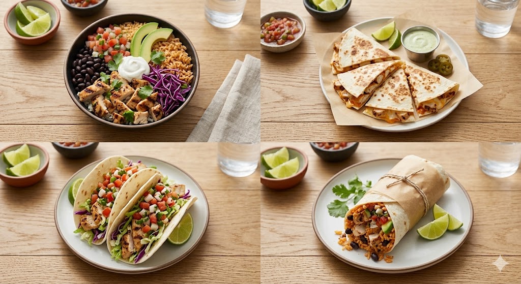 An overhead four-quadrant grid displaying Taco Bell-inspired healthy options: a chicken bowl with black beans and avocado, a sliced grilled chicken quesadilla, soft chicken tacos Fresco Style, and a wrapped chicken burrito, all presented on a light wooden table background.