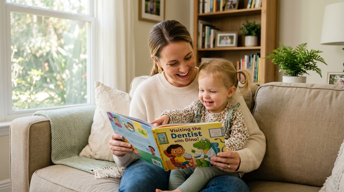 Parent and toddler reading a colorful children's picture book about visiting the dentist together at home