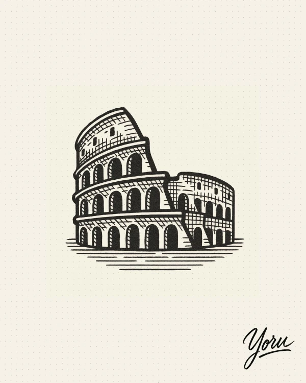 Diseño de tatuaje del Coliseo de Roma, en estilo de grabado con sombreado de líneas.