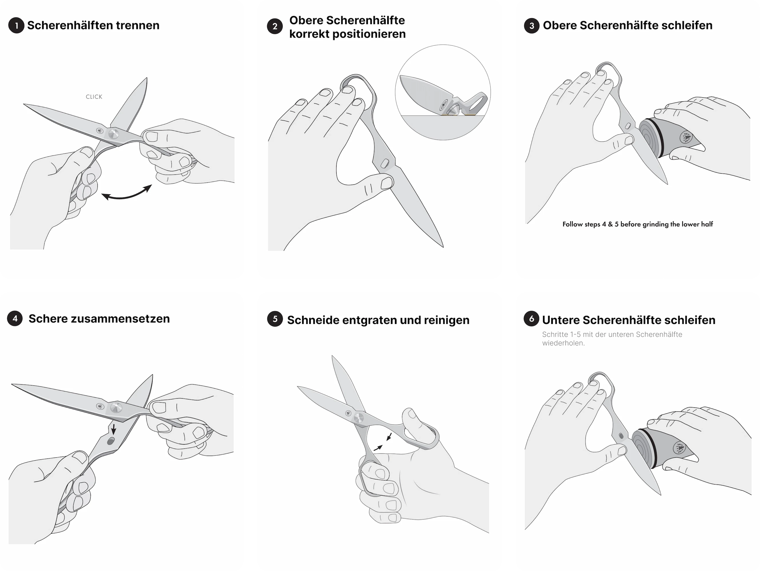 Sechsstufige Anleitung zum Nachschärfen der HORL Schere.