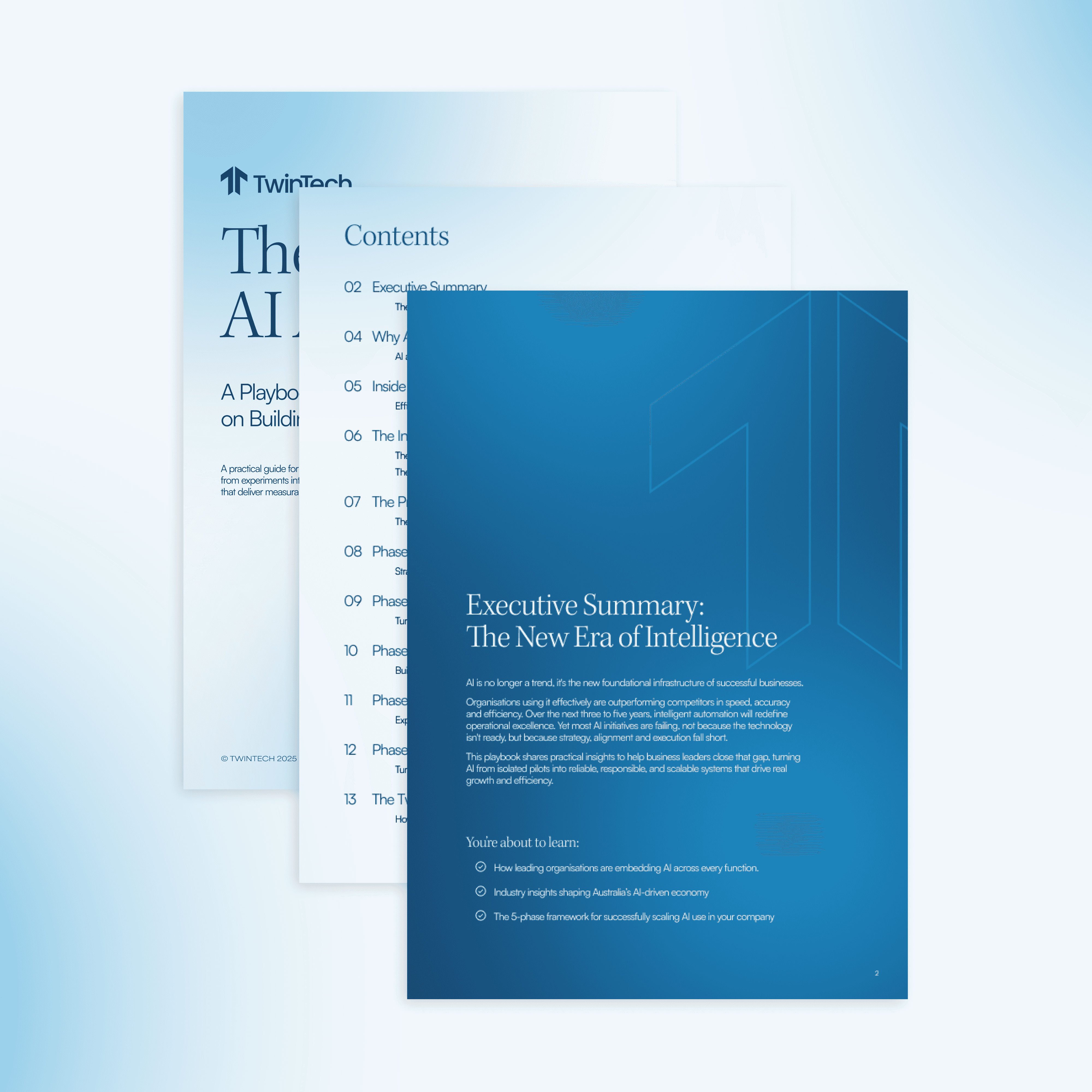 Stack of TwinTech e-book pages showcasing the AI strategy guide and executive summary.