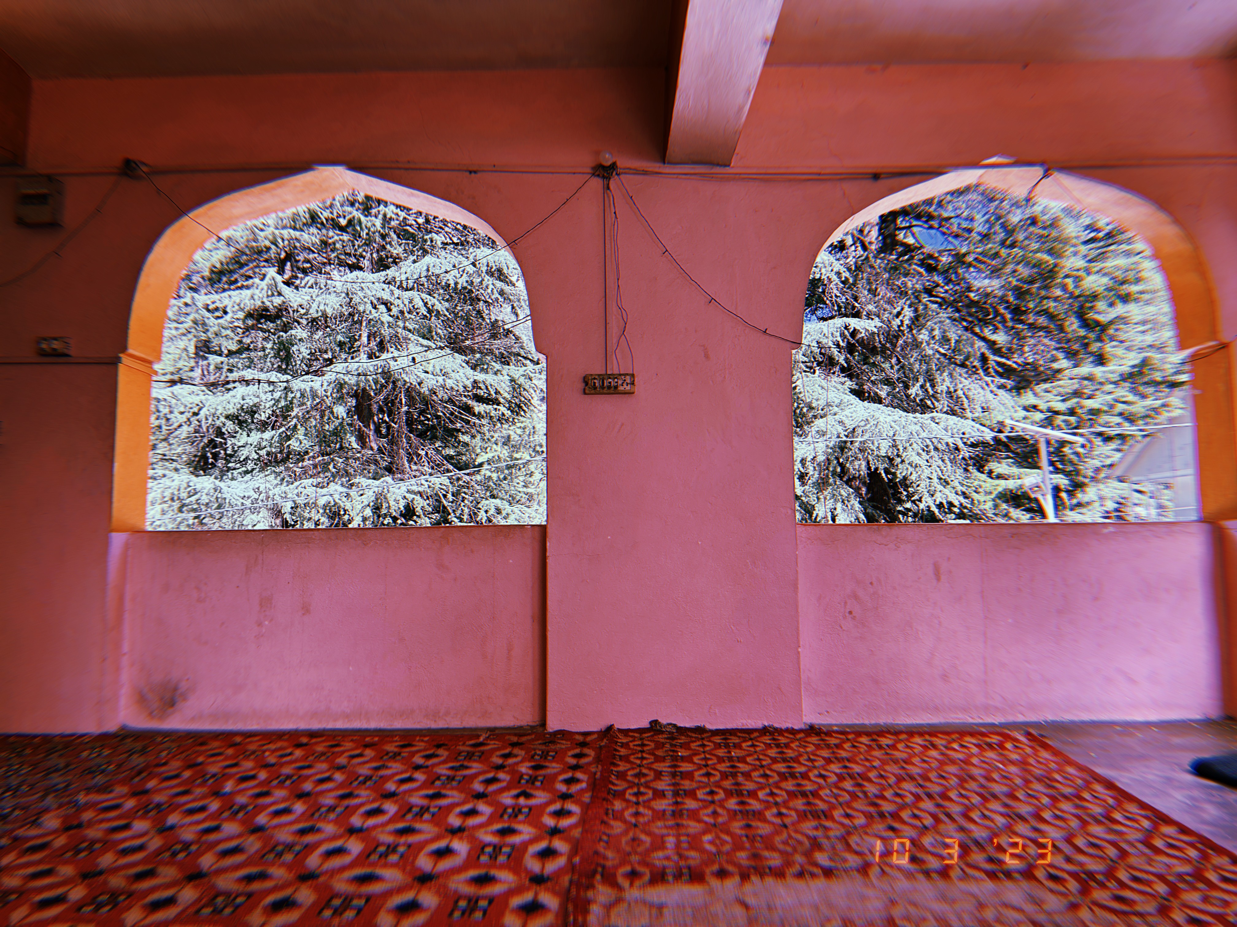 Two arched windows in a pink room with mountains outside