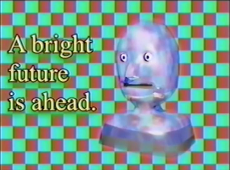Retro VHS style graphic with a 3D robot head and checkerboard background saying a bright future is ahead, representing upgrading to a new machine