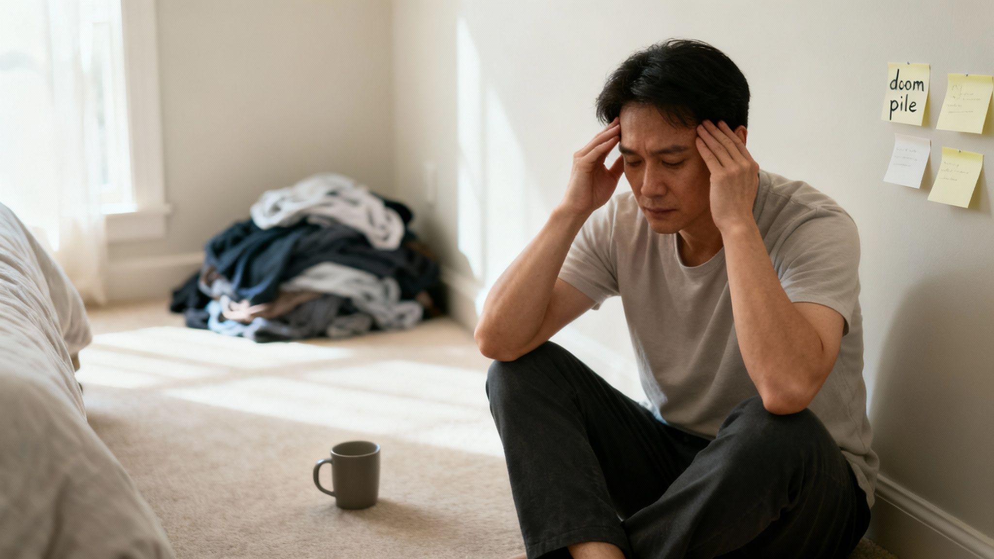 A stressed man sits on the floor, head in hands, overwhelmed by a 'doom pile' of clothes.