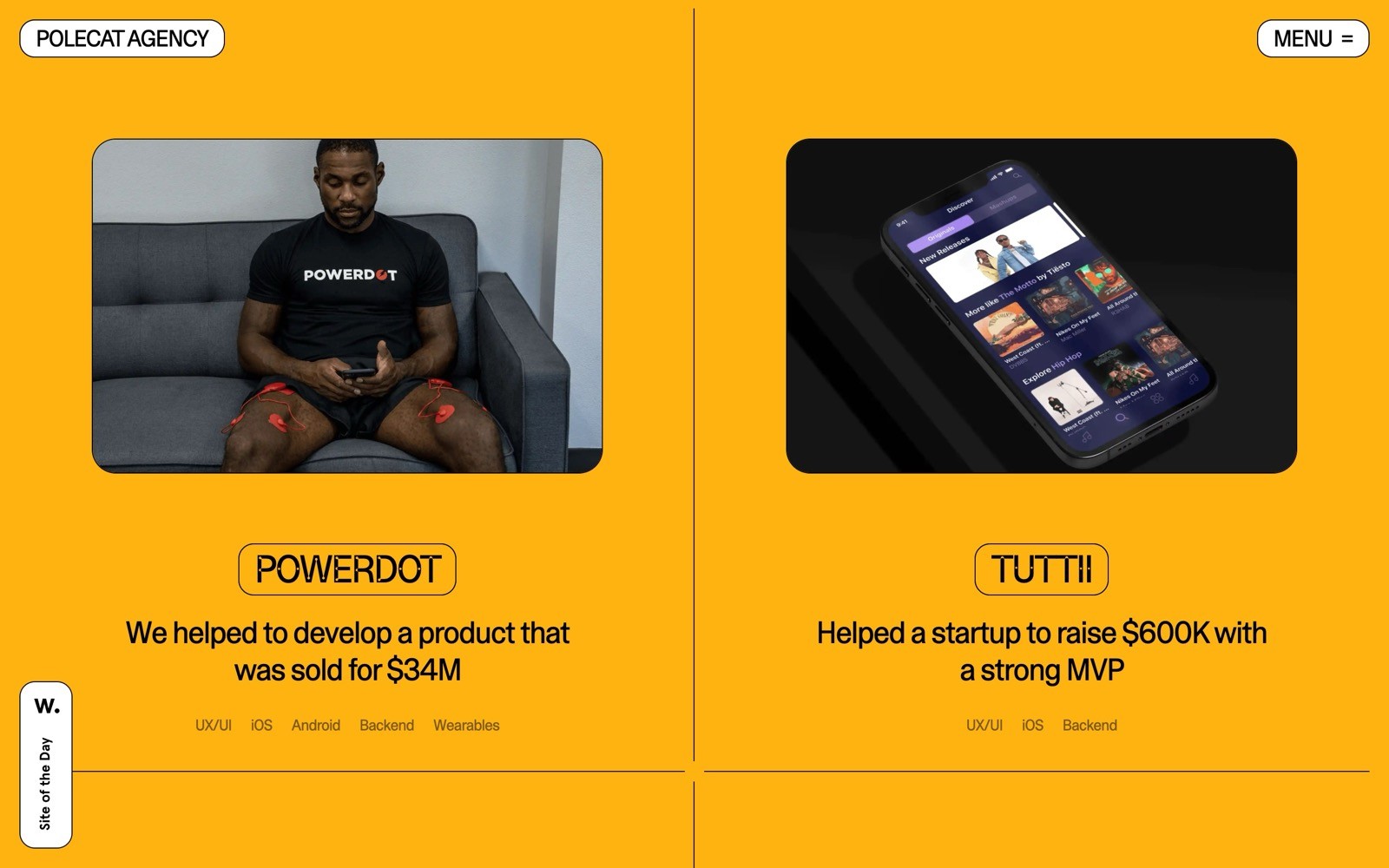 Man sits with red patches on legs, wearing "POWERDOT" shirt. Text: "POWERDOT" and product sales info. 

Mobile phone displays app screens....