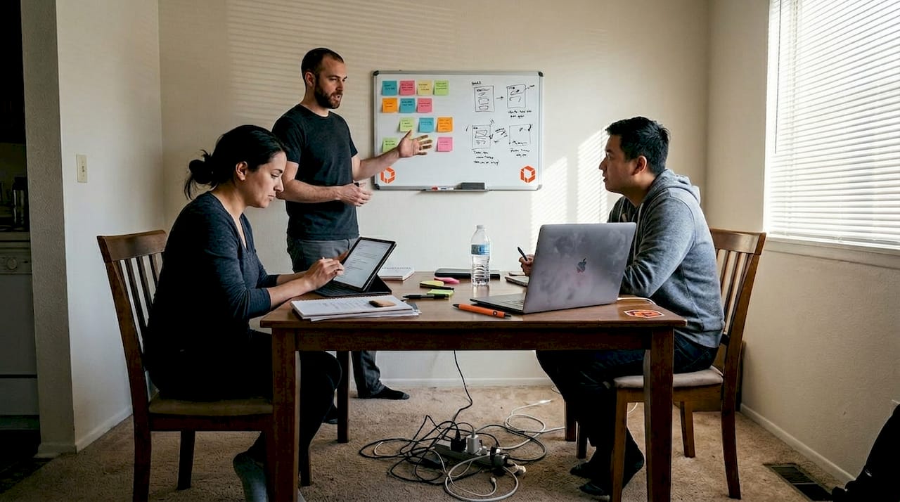 Startup team collaborating on app feedback