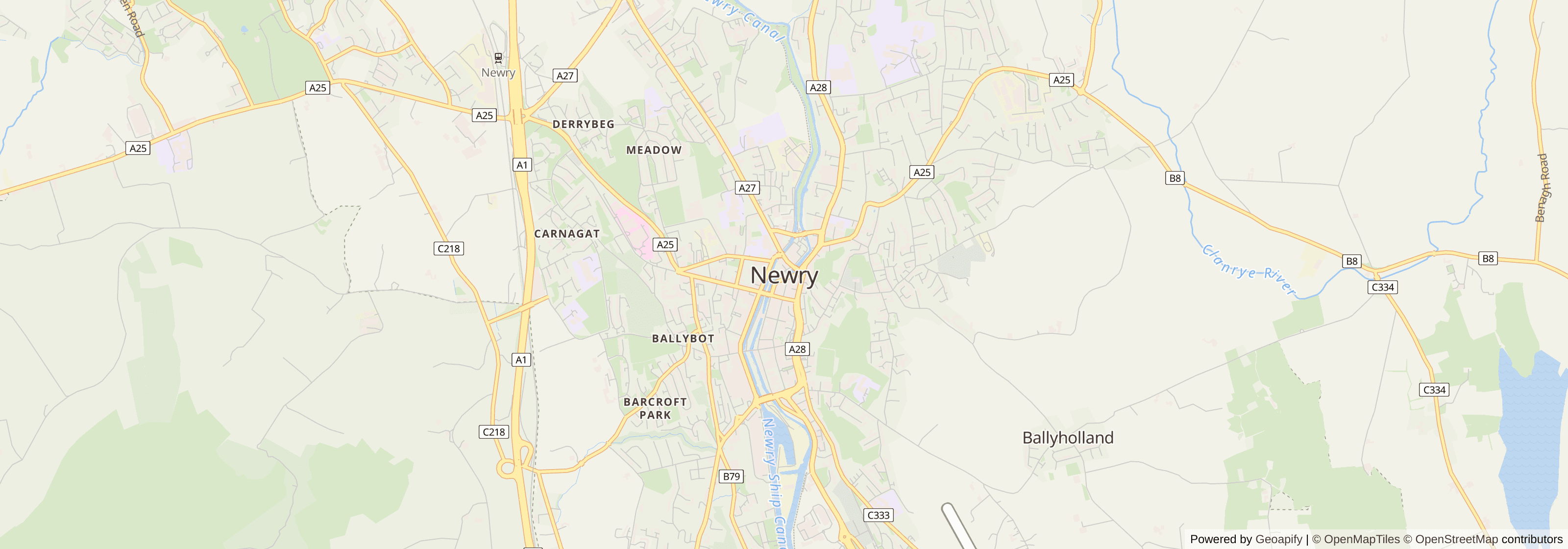 Street map of Newry, County Down showing main roads and nearby areas