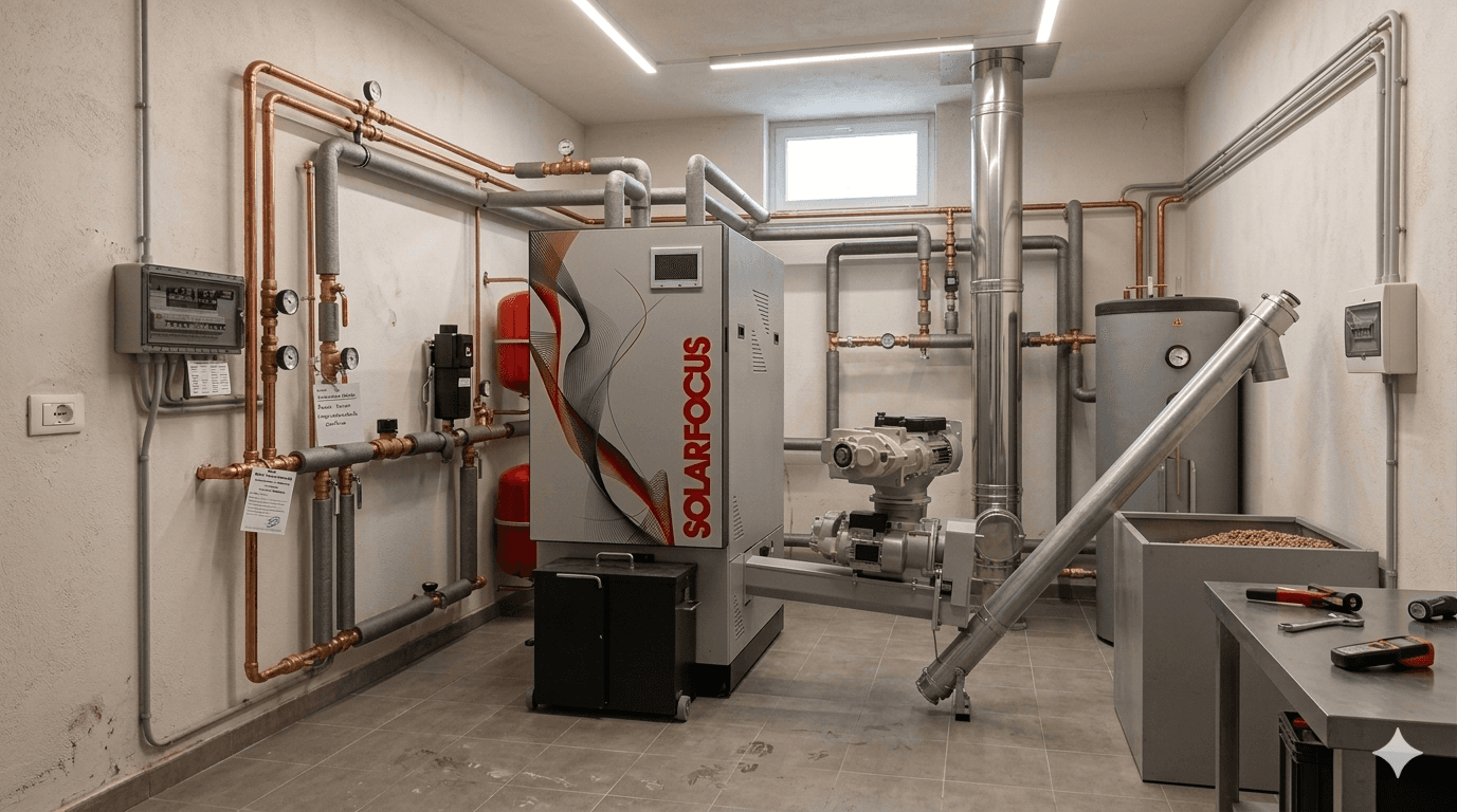 Impianto centralizzato con caldaia a pellet Solarfocus e accumulo termico per riscaldamento aziendale