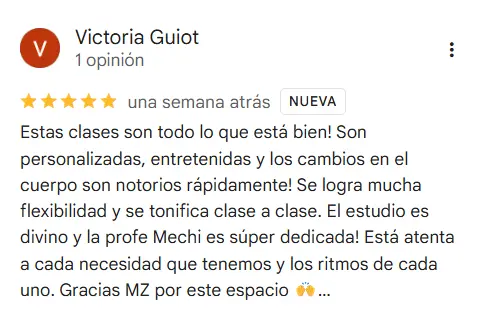 Reseña de 5 estrellas de Victoria de MZ Pilates en Google