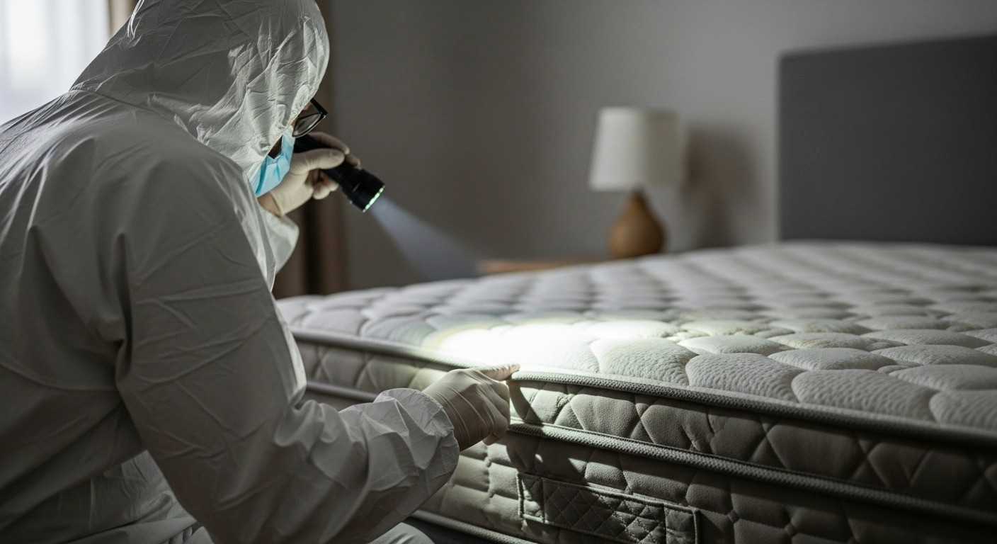 Technician in full protective gear performing insecticide spray treatment inside a facility