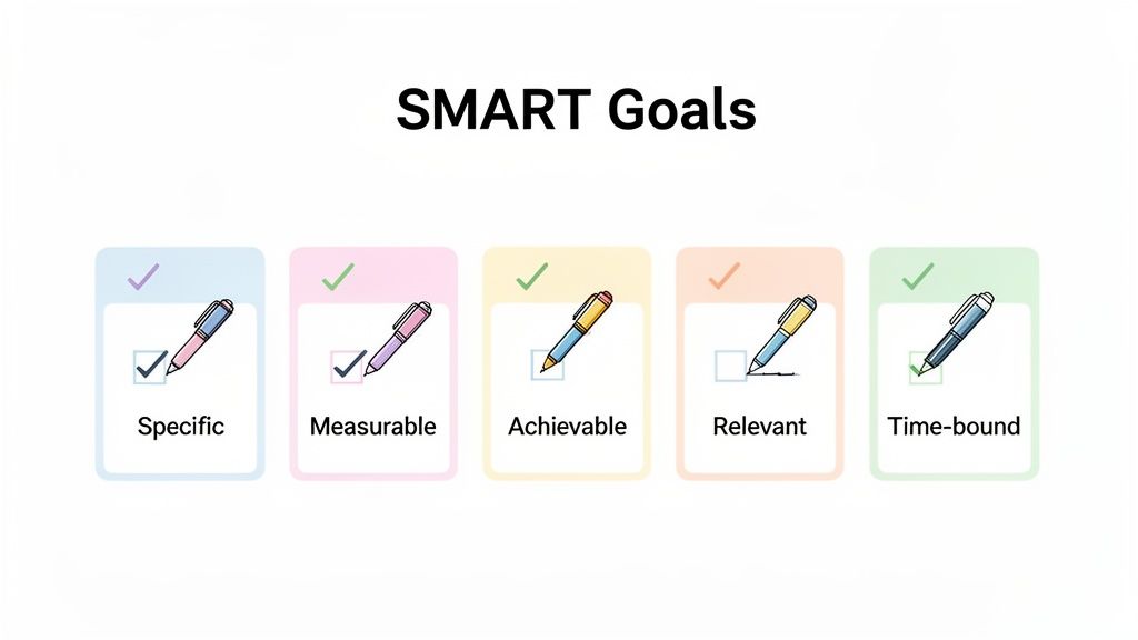 Colorful illustration of SMART Goals, detailing Specific, Measurable, Achievable, Relevant, and Time-bound components.