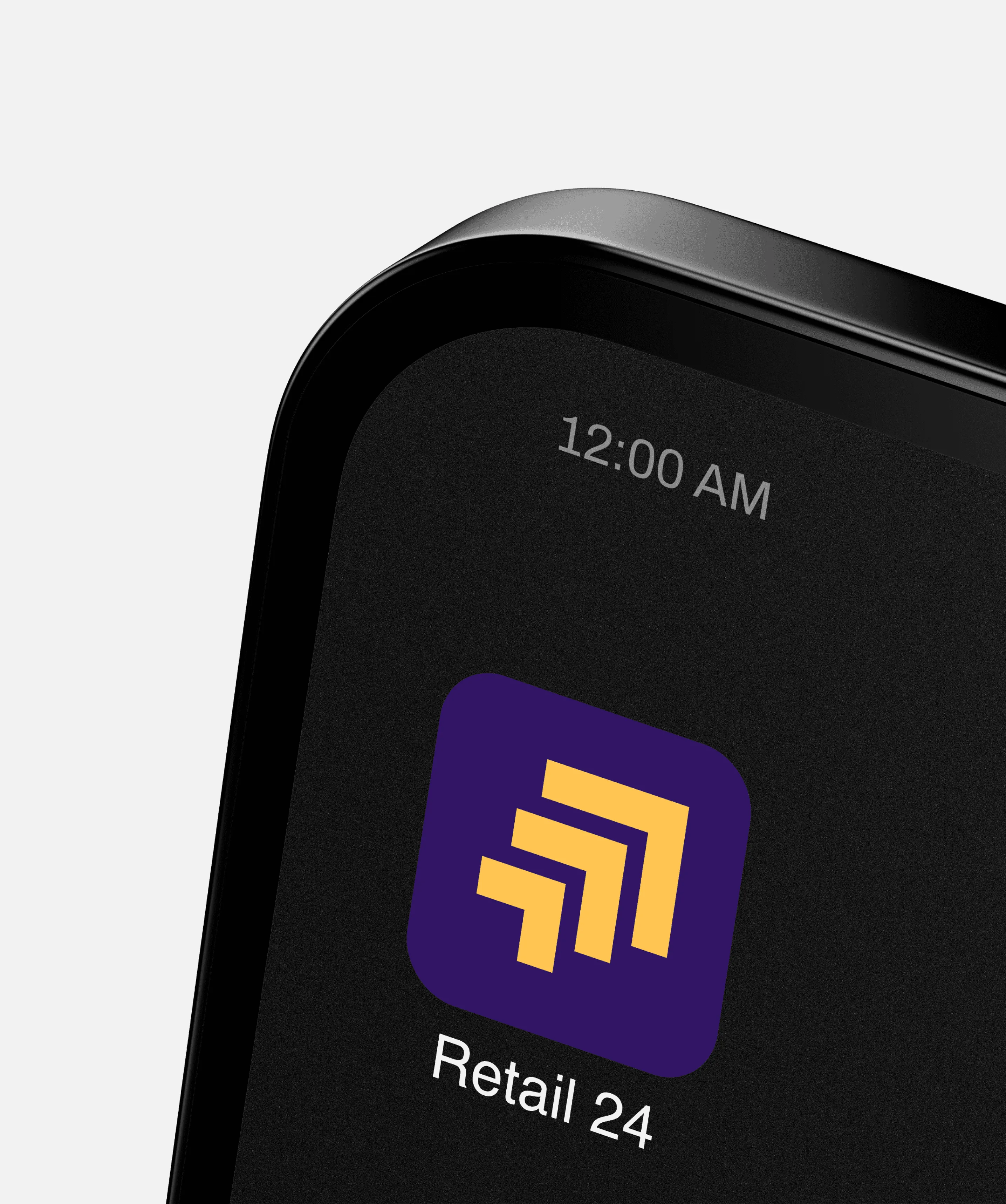 Retail 24 app icon on a phone screen. Features a purple square with a gold arrow design, with the time at the top.