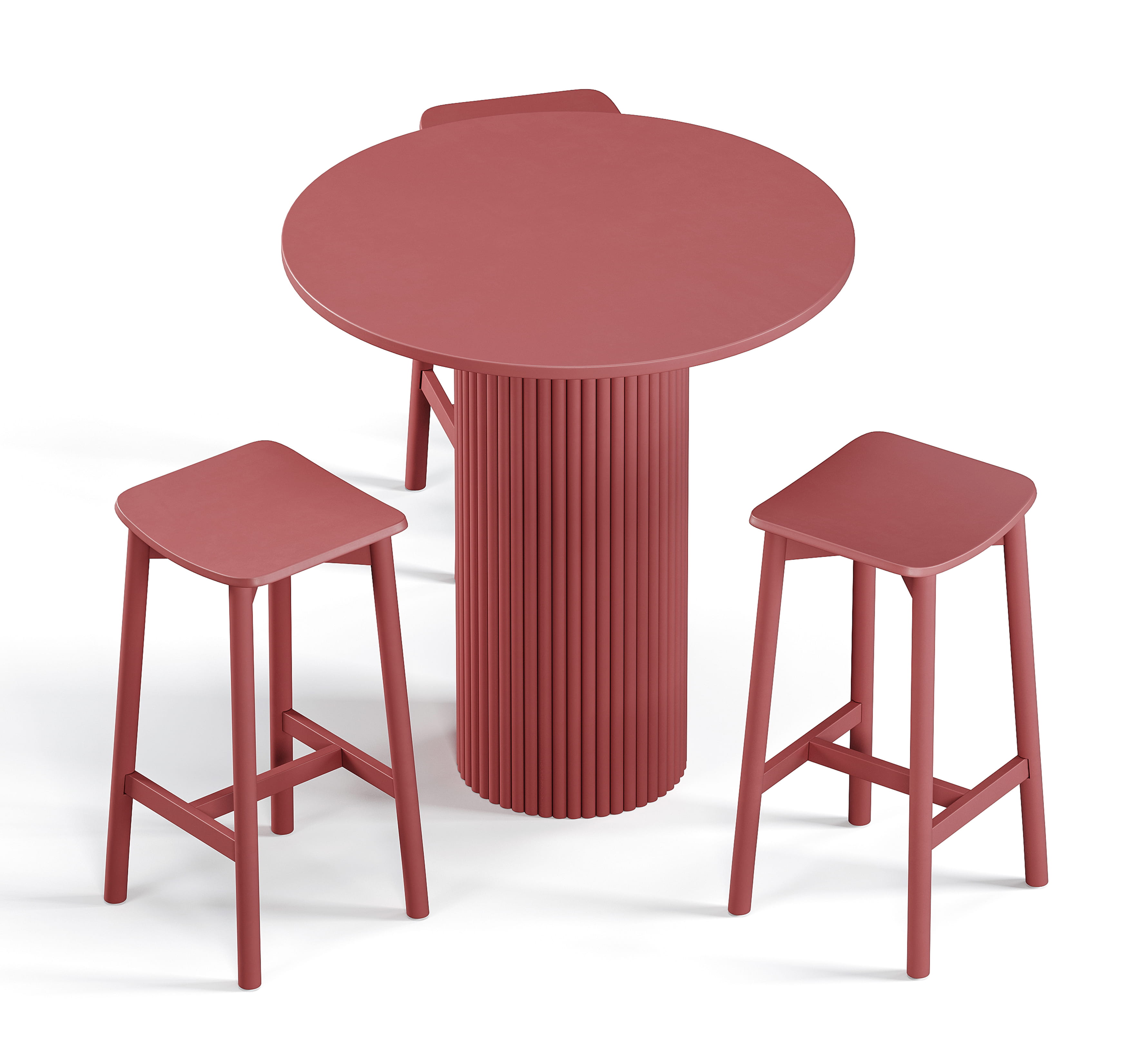 Round table with ribbed base and matching stools in red finish