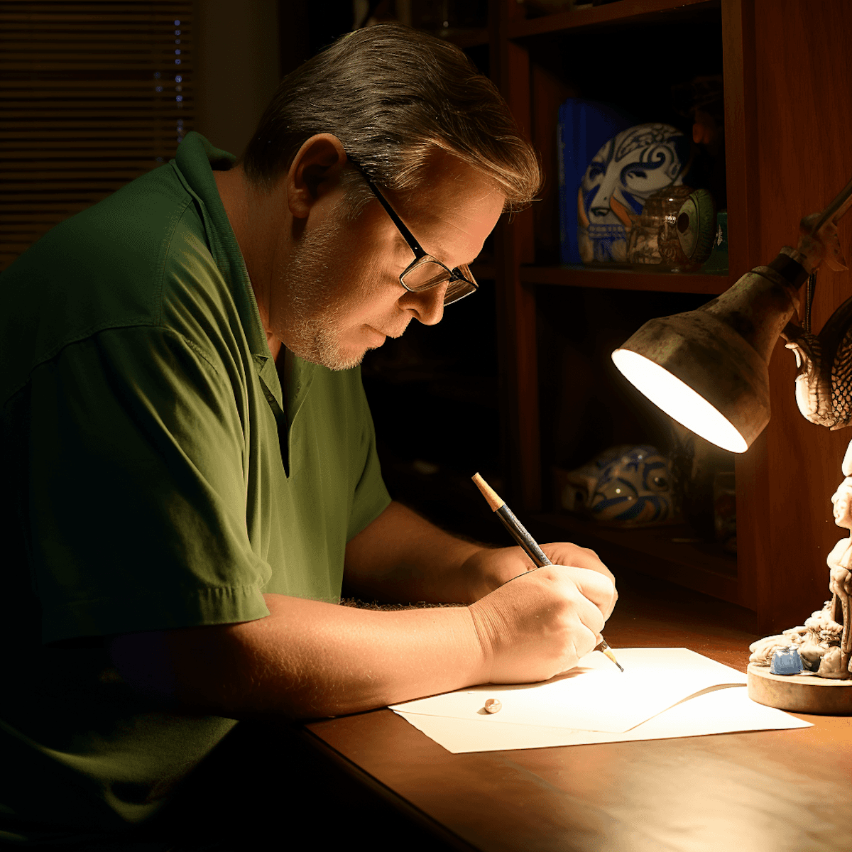 A man in a green shirt writes intently at a wooden desk, illuminated by a warm desk lamp. Books and decorative items fill the shelves behind him.