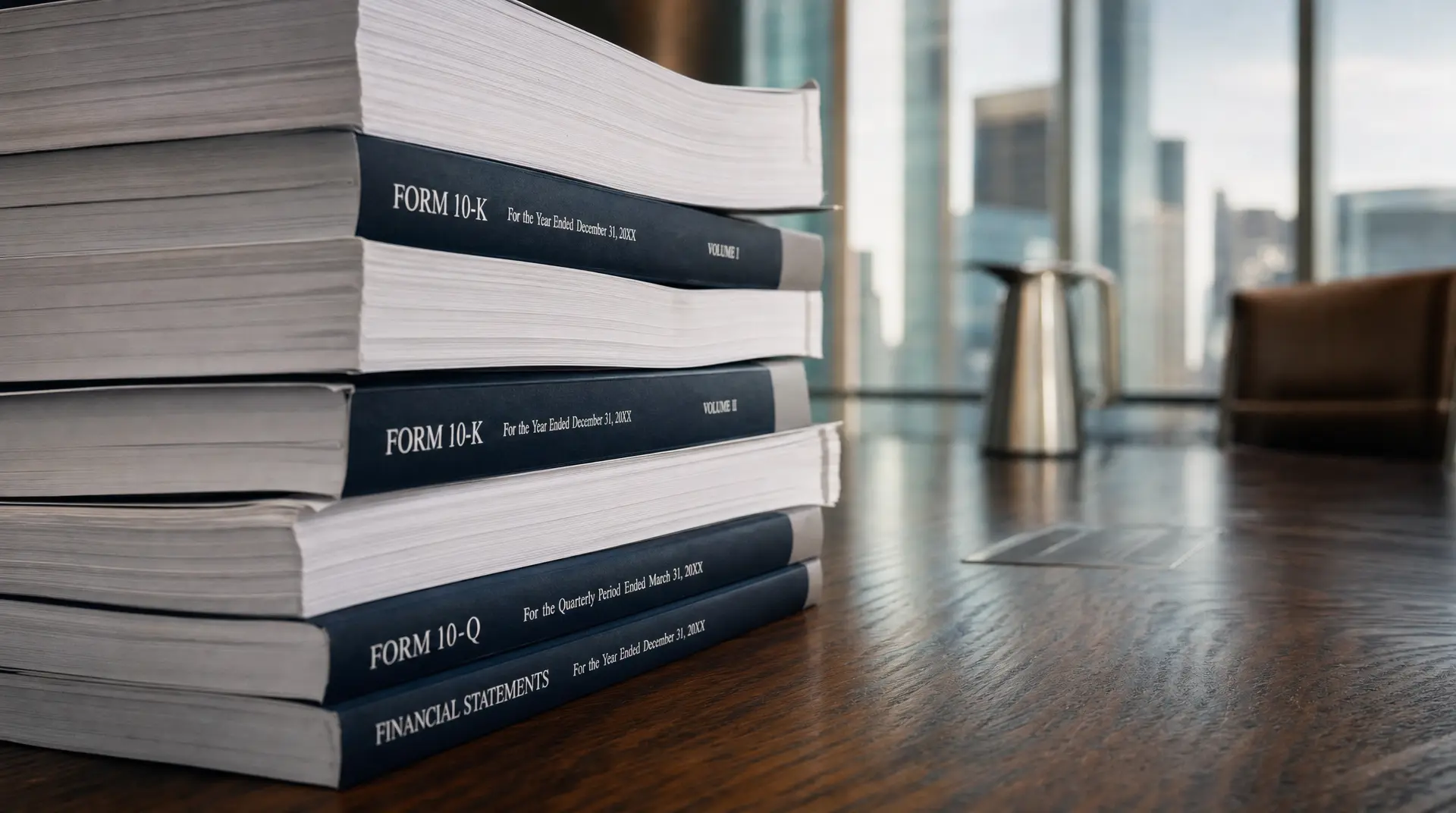 Stack of printed financial reports labeled FORM 10-K on a desk, signaling compliance-focused tech communications for investors.
