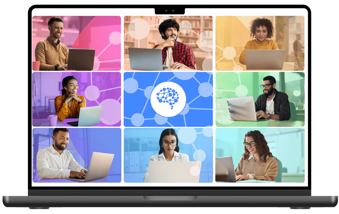 Laptop showing nine simulation participants on video tiles around the Meseekna brain logo