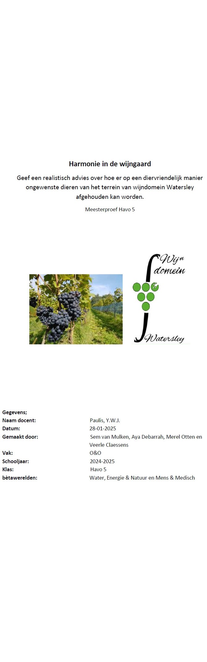 De voorpagina van het verslag Harmonie in de Wijngaard