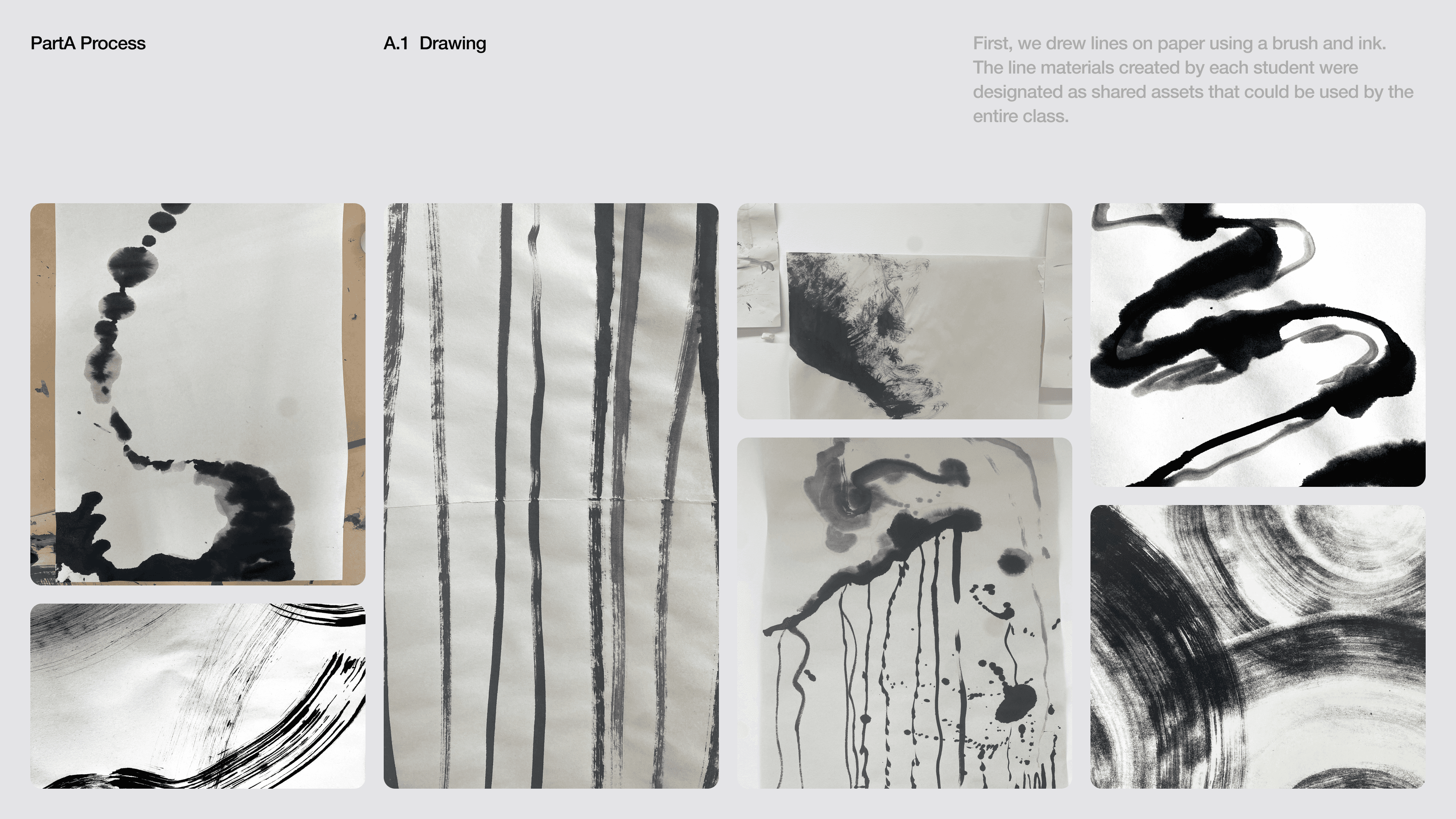 First, we drew lines on paper using a brush and ink. The line materials created by each student were designated as shared assets that could be used by the entire class.