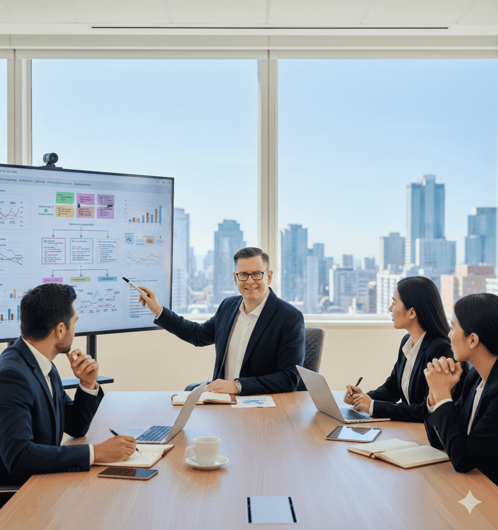 Business team in a meeting presenting data on screen