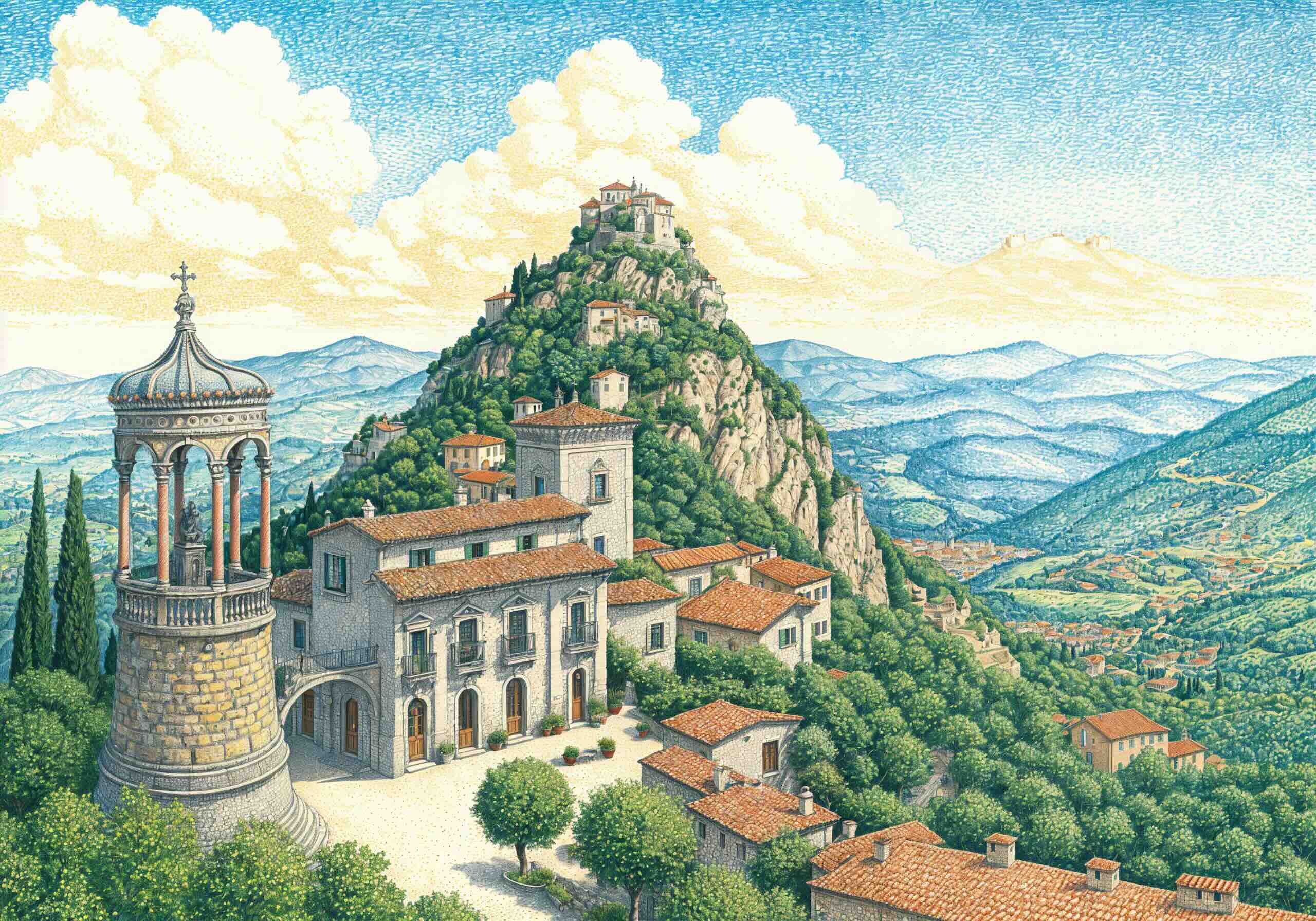A picturesque illustration of San Marino, featuring historic stone buildings with terracotta roofs, a bell tower, and a fortress perched atop a rocky hill, overlooking rolling green valleys.