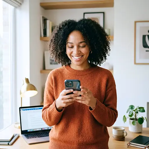 Woman at her desk with a laptop, smiling at her phone while tracking a big purchase in the Whisprice wishlist app