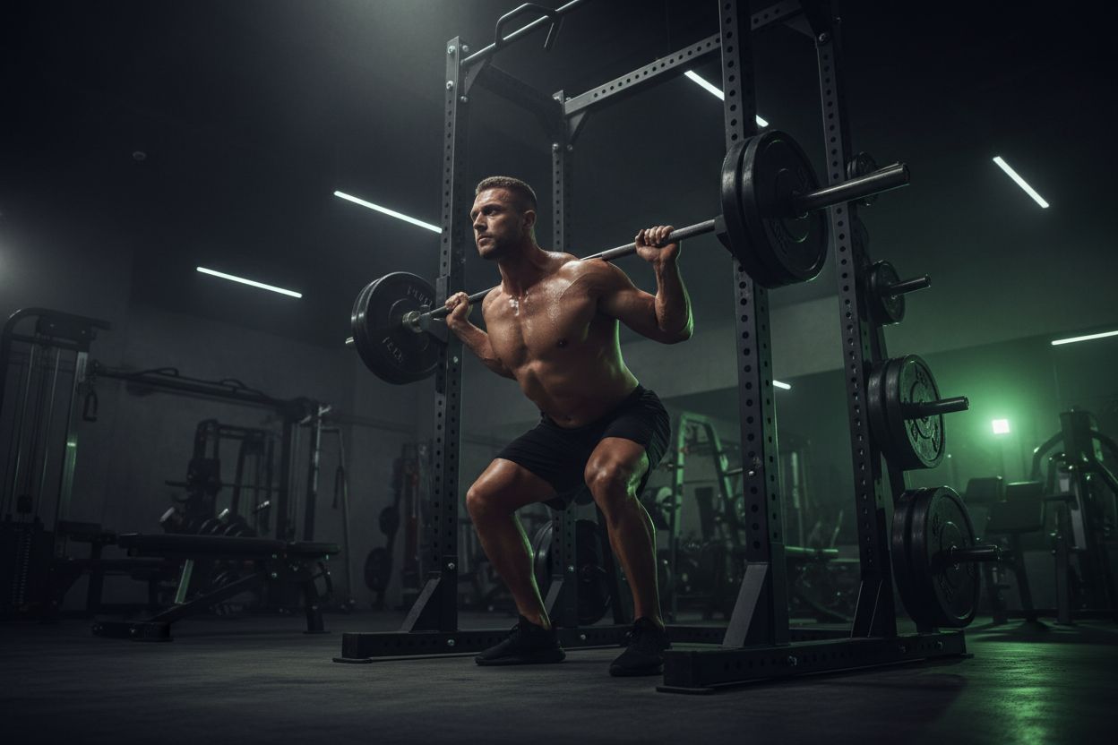 Lifter squatting in gym