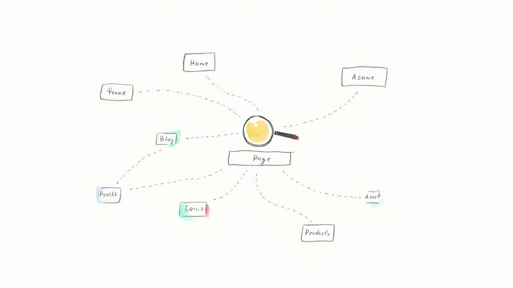 A diagram showing a sitemap structure connected to search engine icons, illustrating the organizational role of a sitemap for SEO.