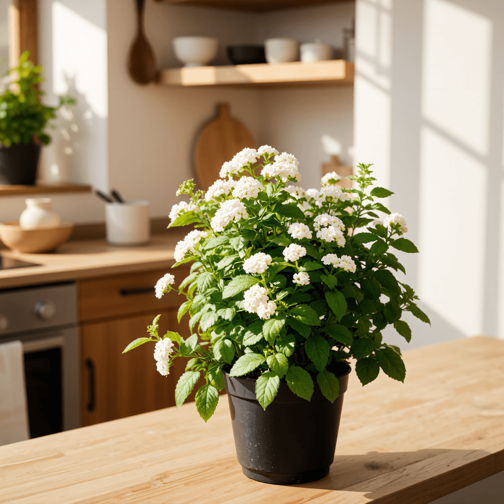 product photography of a potted herb plant with white flowers