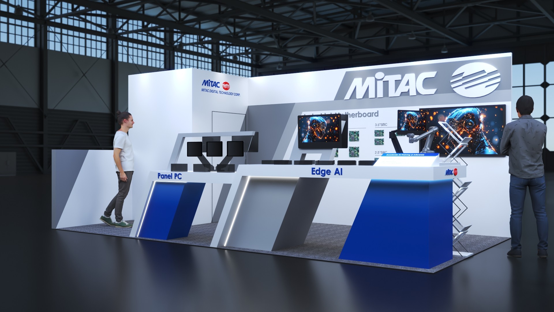 3D render of MITAC Automate 2025 10x20-equivalent booth with Panel PC and Edge AI counters