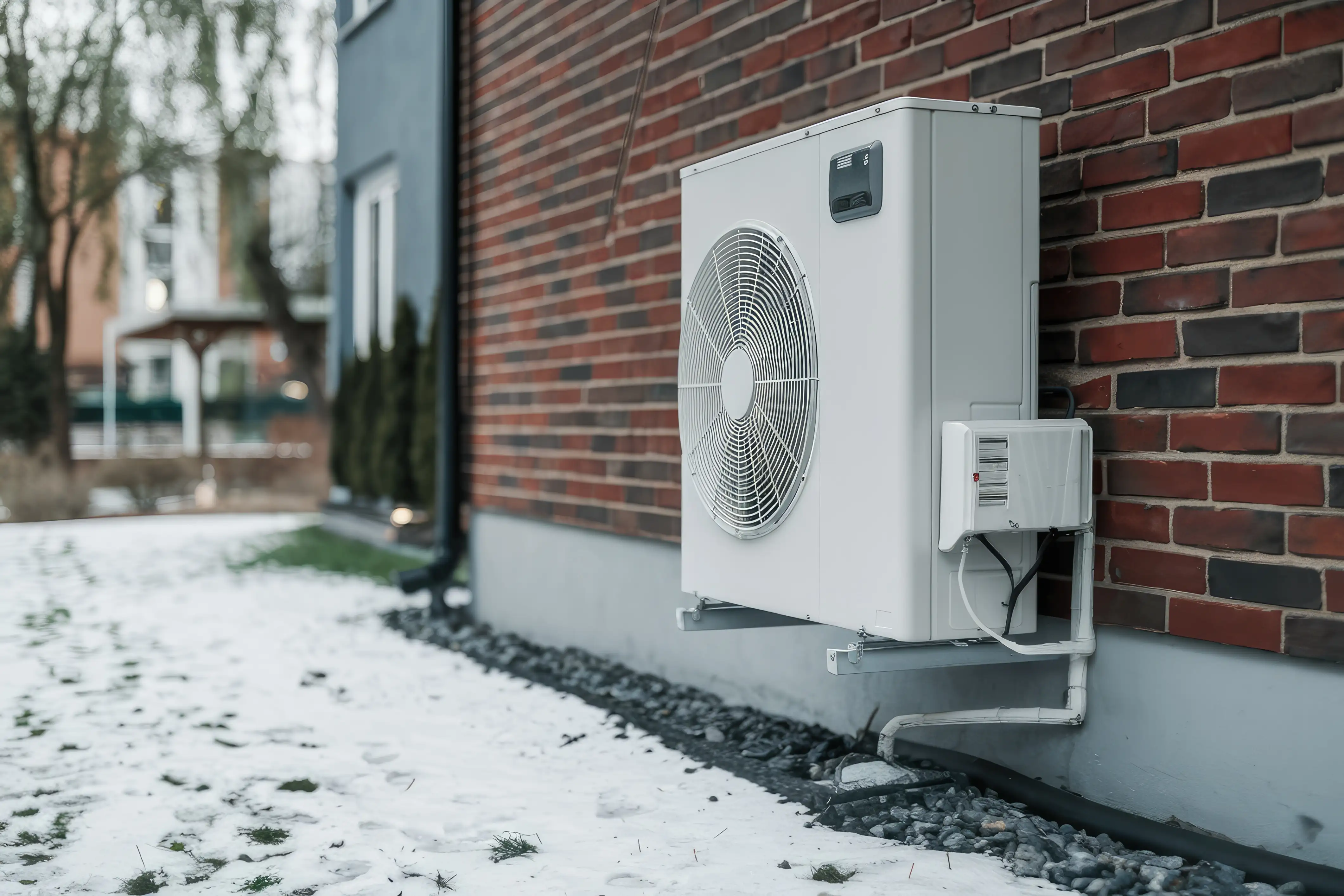 Moderne Luft-Wasser-Wärmepumpe an einer Hausfassade im Winter. Energieeffiziente Heizlösung für nachhaltiges Wohnen mit staatlicher Förderung. Jetzt Wärmepumpe kaufen und Heizkosten senken.