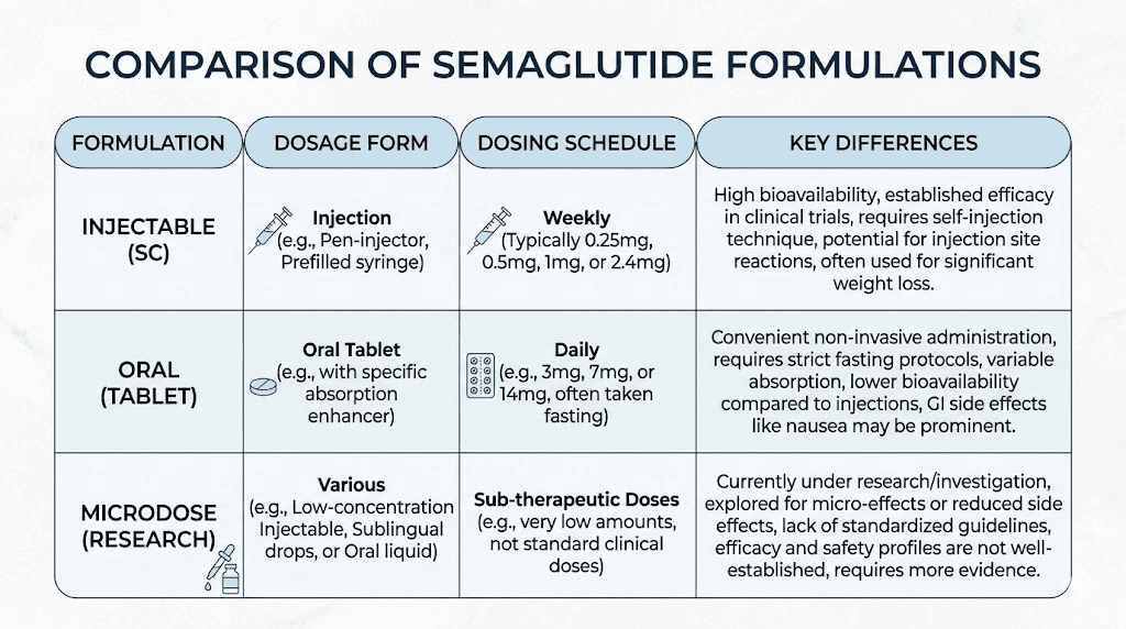 Brightmeds semaglutide formulations compared injectable oral and microdose