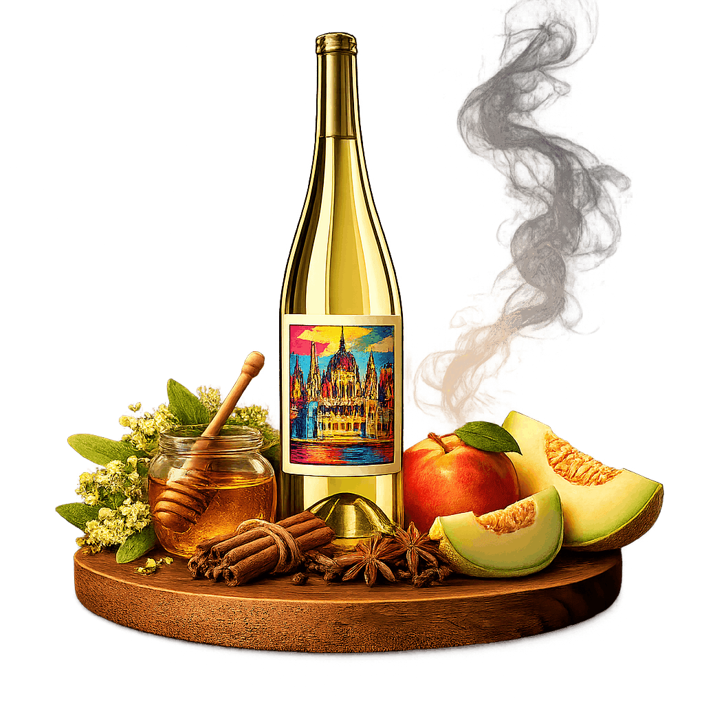 Artistic label and flavor profile for Hungarian Hárslevelű on a rustic wooden table.