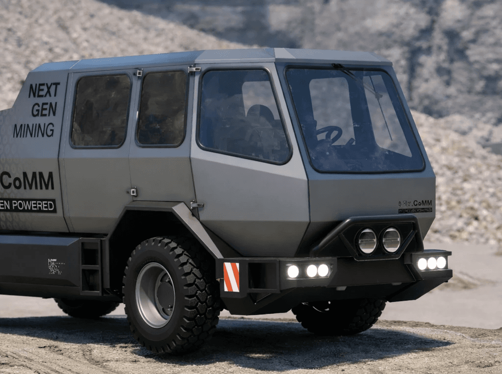 Mining vehicle rendering in quarry off-road environment showing finished visualization