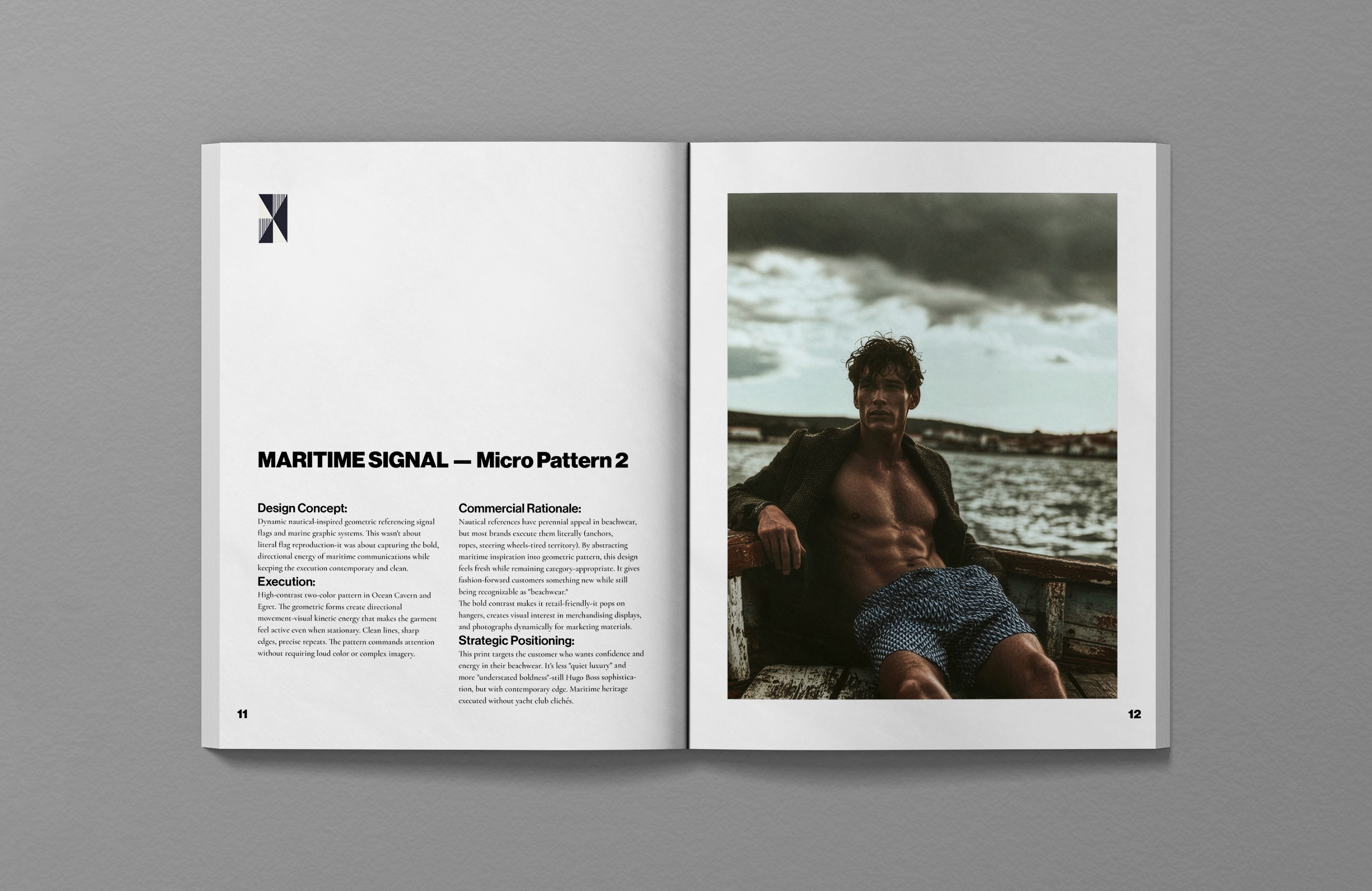 Hugo Boss SS26 editorial spread, Maritime Signal Micro Pattern 2 geometric design, model in Maritime Signal print swim shorts