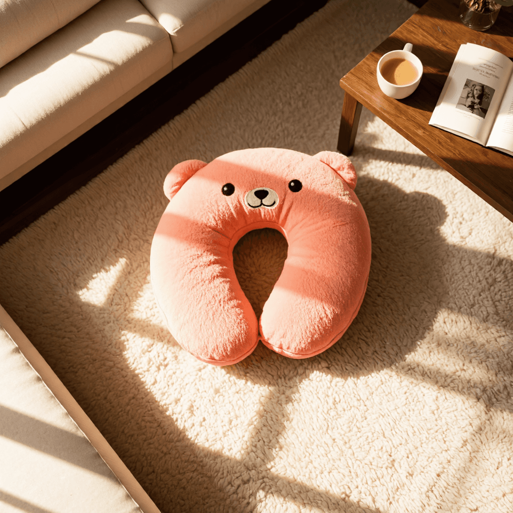 product photography of a plush neck pillow shaped like a cartoon animal