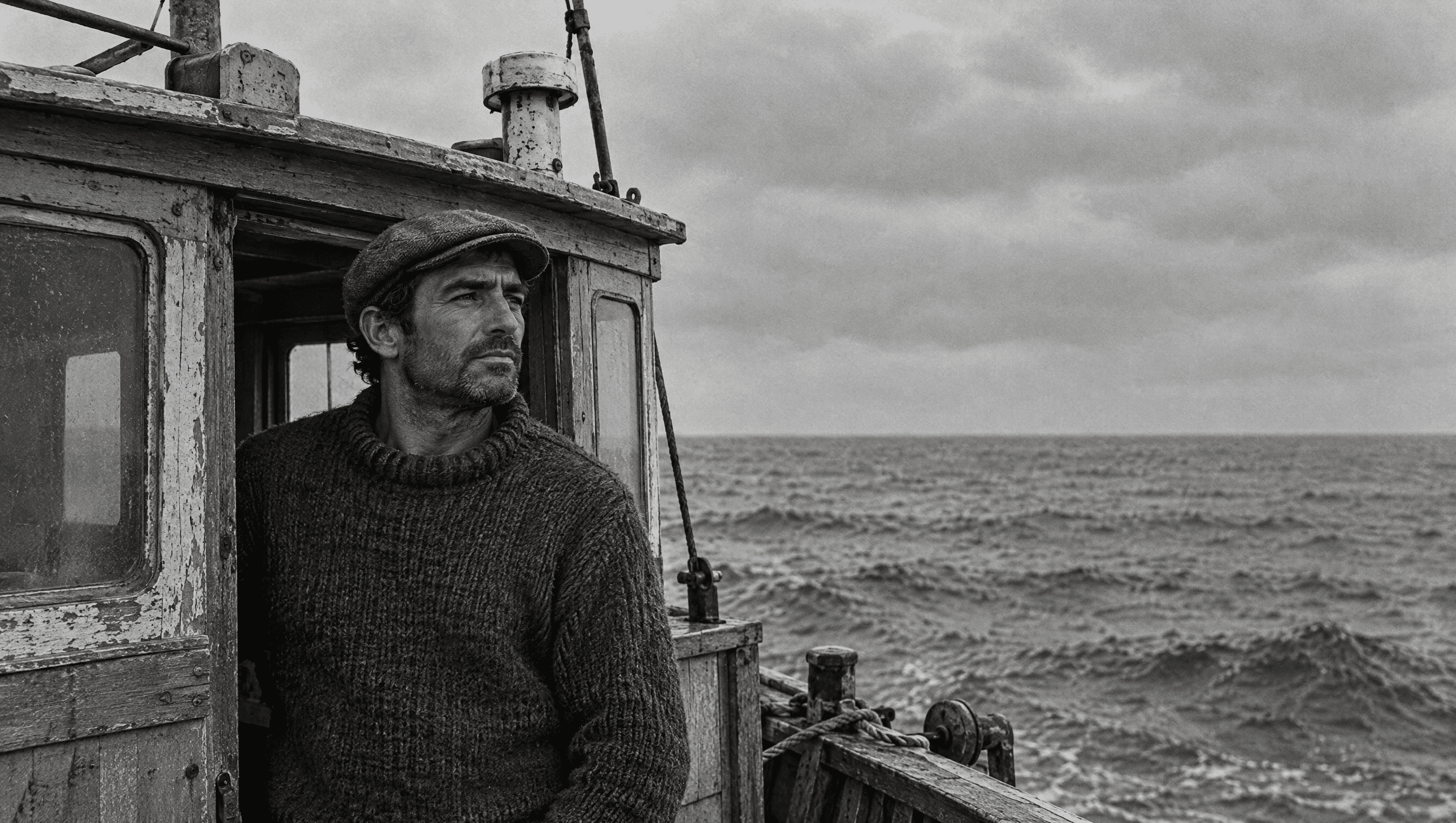 A weathered fisherman in a wool sweater and flat cap at the door of a wooden wheelhouse, open sea behind him