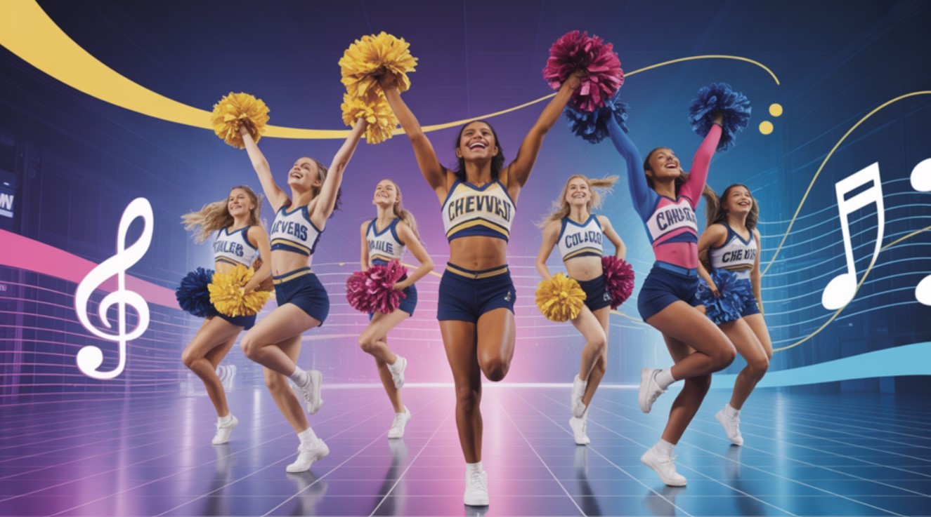 The image captures a vibrant scene of diverse cheerleaders in mid-performance at a cheerleading competition, surrounded by a dynamic backdrop of musical notes and digital waveforms in electric blue, vibrant pink, and bright yellow, reflecting the energetic and innovative intersection of music and technology.