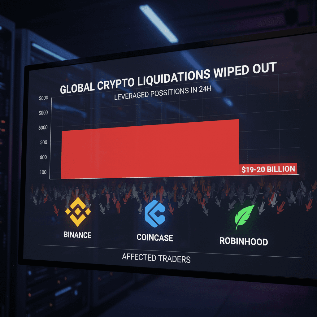 Crypto market liquidation infographic: $19-20B wiped out, major exchanges affected