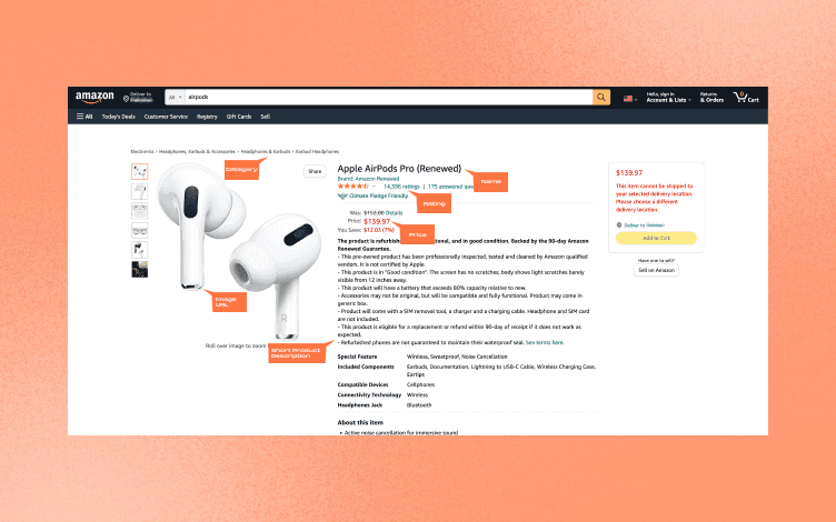 An image of an Amazon page with AirPods as a product listing
