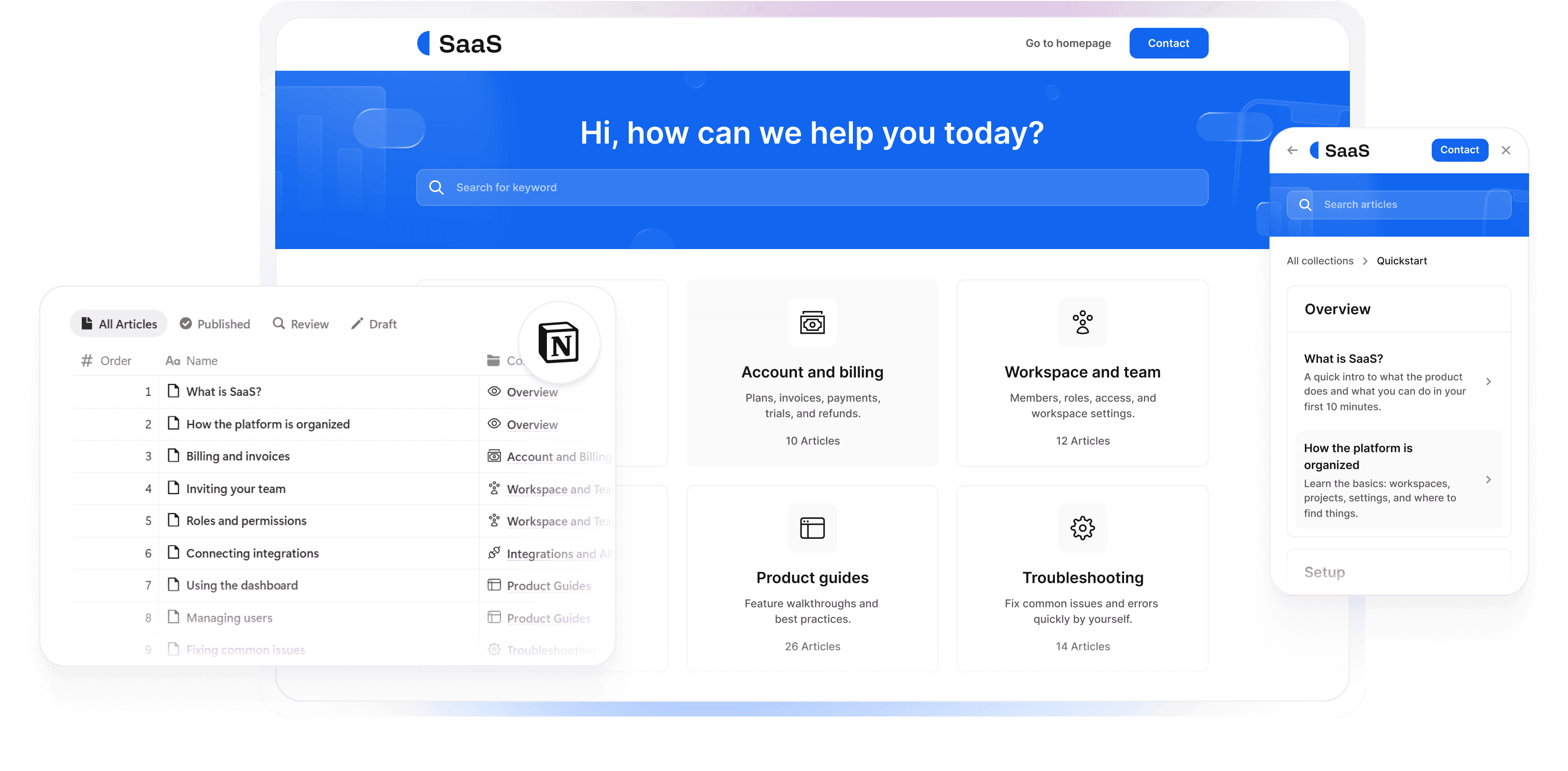 Helpview Notion based help center for SaaS teams showing searchable documentation and embedded support widget.