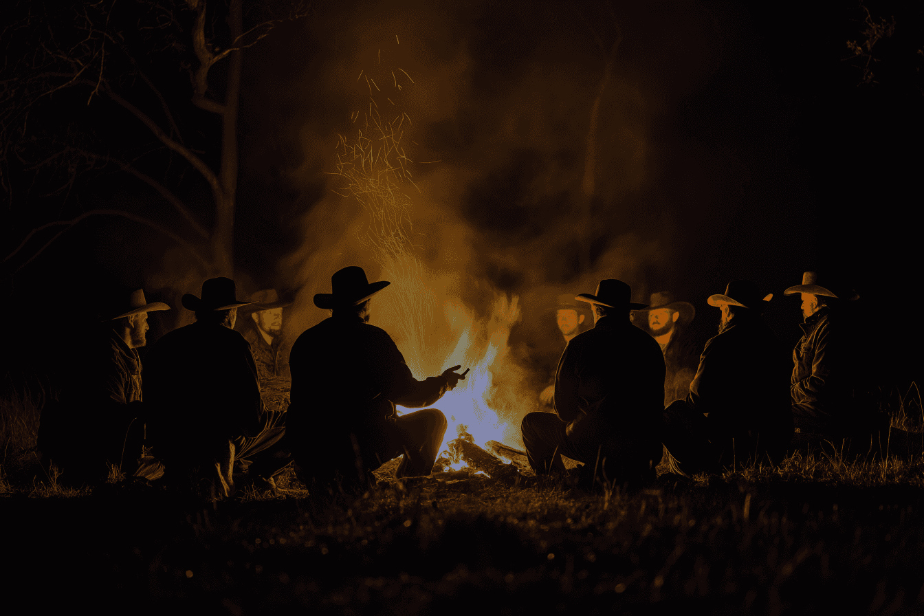 Cowboys around a fire telling stories