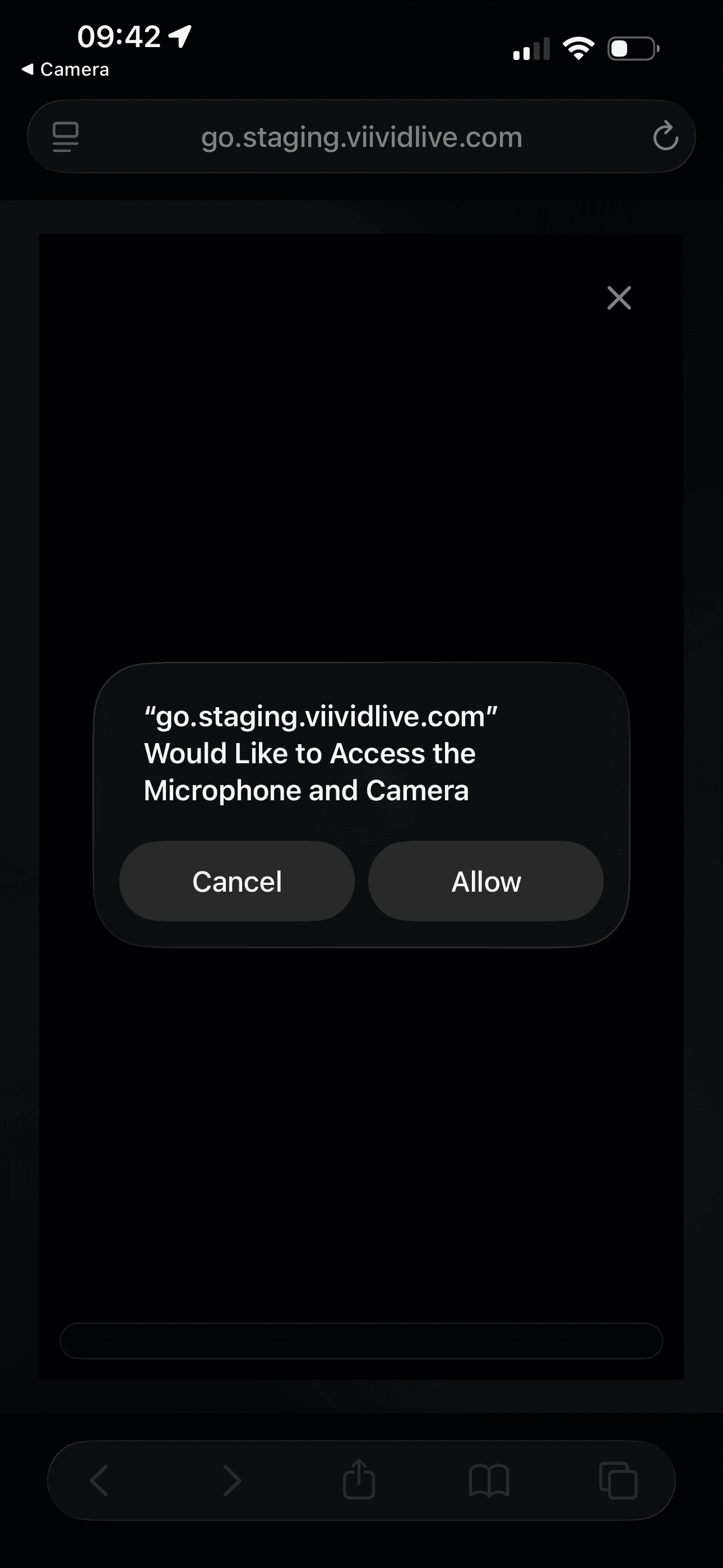 iOS permissions dialog asking to access microphone and camera