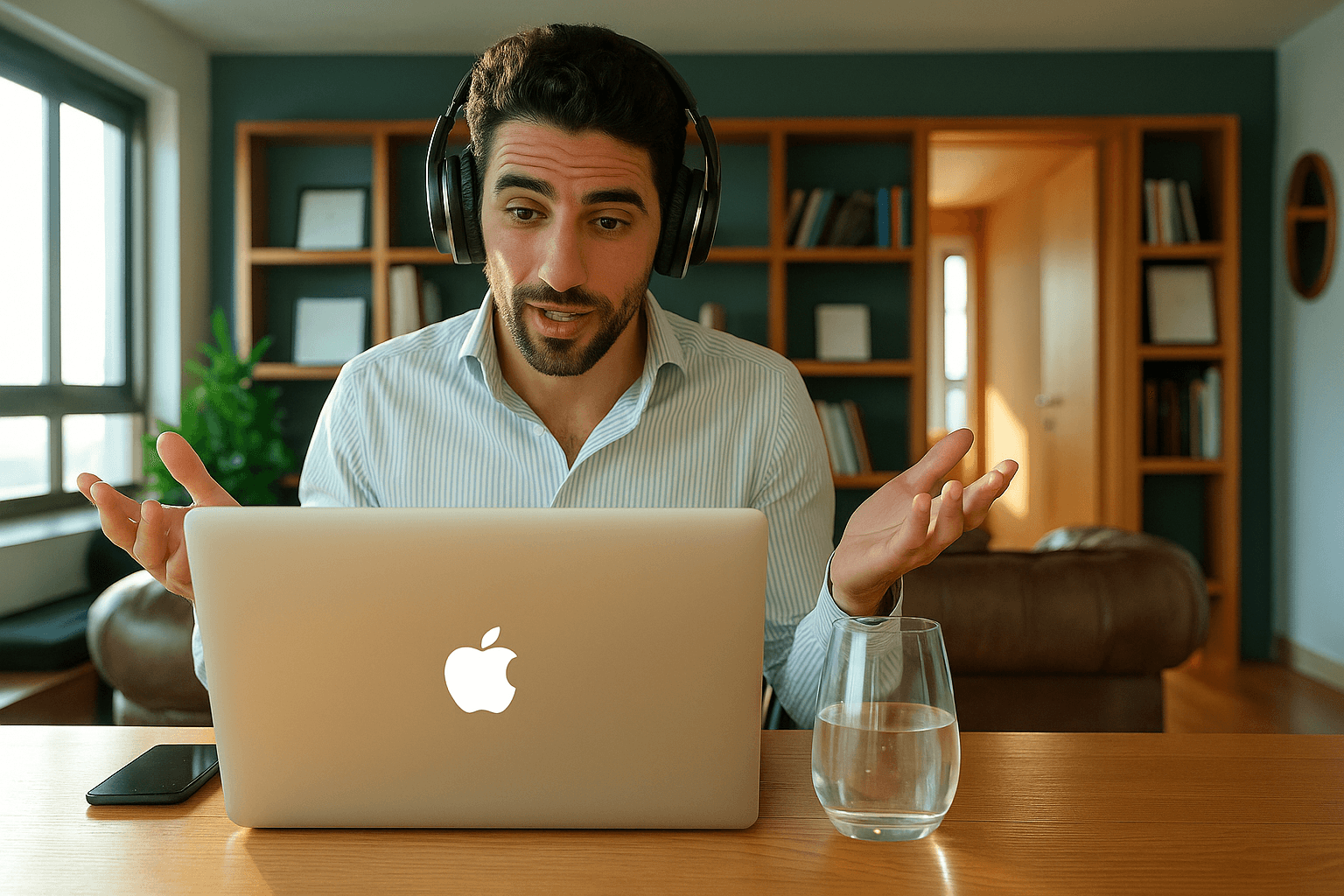 Persona utilizando laptop y auriculares equipados por First Plug