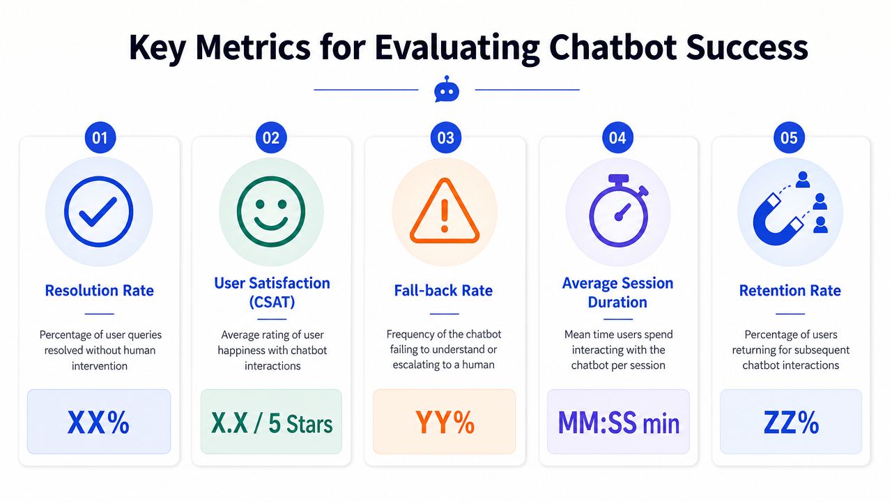 An infographic displaying five essential performance metrics for evaluating the success of AI chatbot implementations.