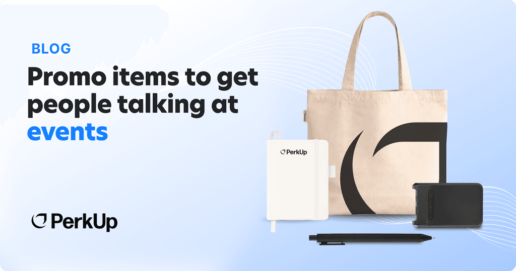 Promo items to get people talking at events text. Beside it, there's a notebook, a tote bag, a powerbank, and a pen.