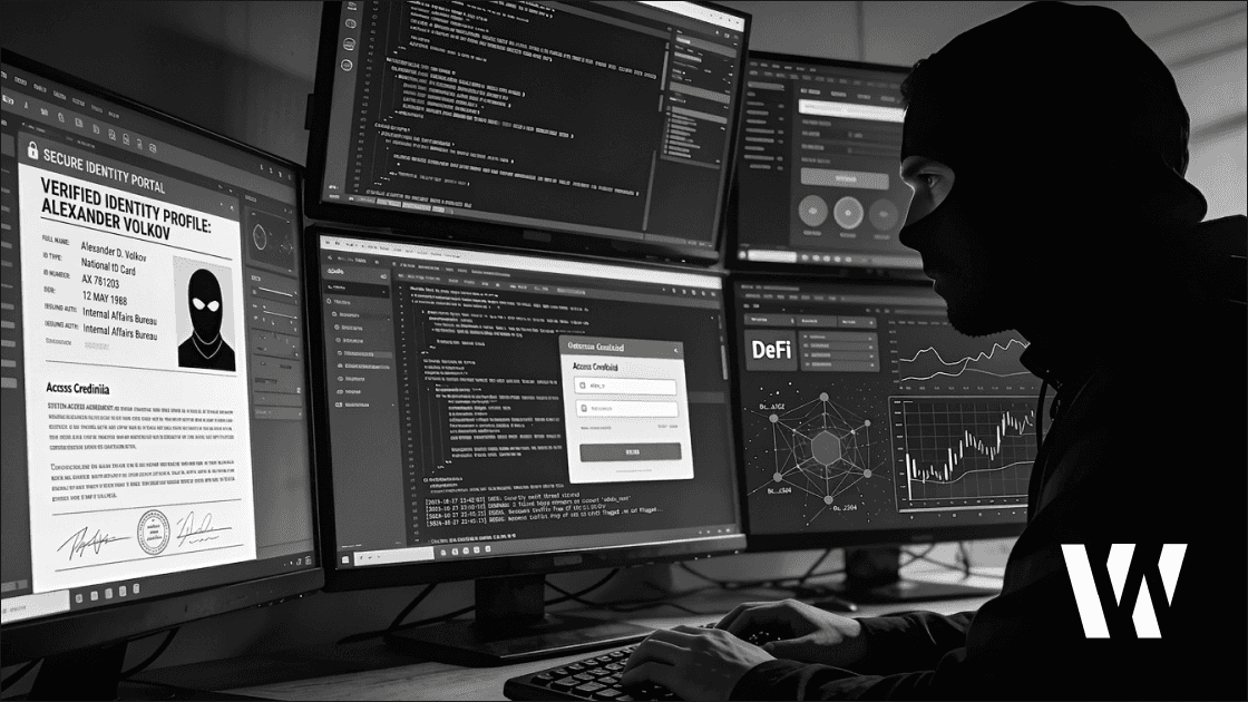 Wide news graphic showing DeFi protocol logos, code screens, and the April 2026 DPRK infiltration story